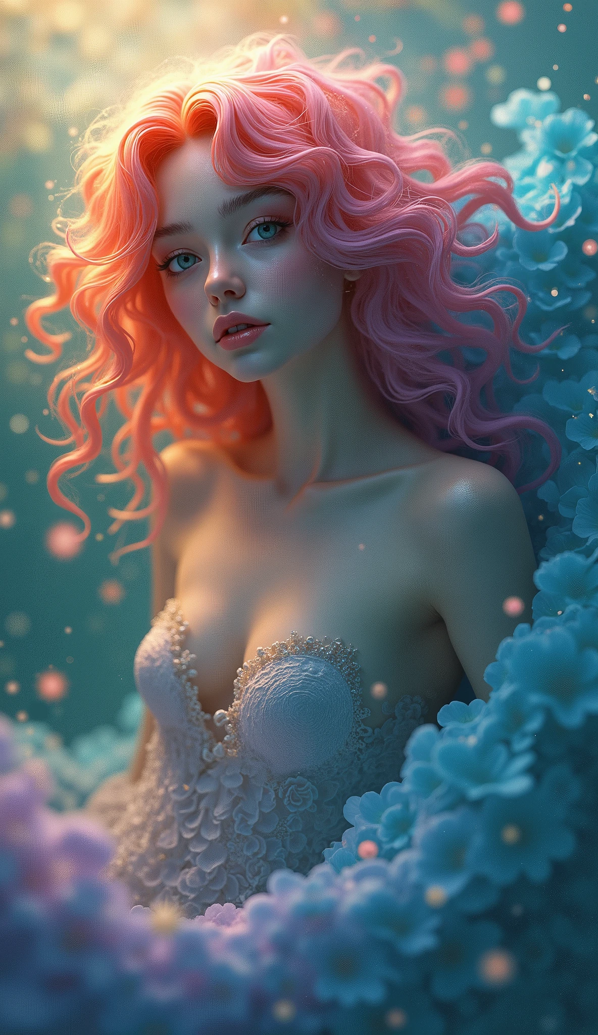 cute Siren, Greek mythology, rainbow color effects, blur effects, (anime manga cartoon illustration)-style, delicate and dynamic textures, contrasts of light and shadow, 2.5D, artistic photography, hyper realistic, graphic CG digital art, conceptual installation art, high and fine artwork, ultra detailed, absolutely resolution, best quality