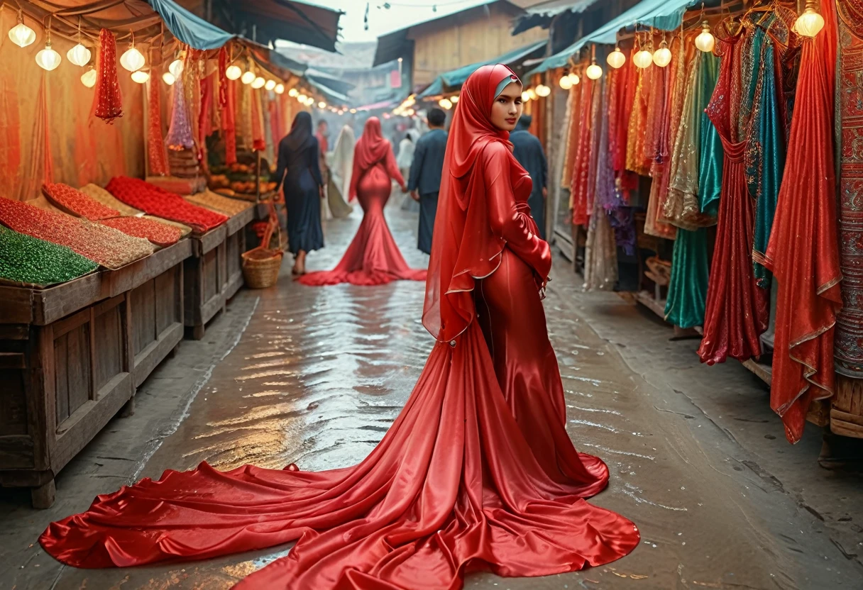 A woman shrouded in 9 meters of red silk shimmer, tight wrapped from the waist to the thighs and mermaid shape on the bottom of dress, tied tightly and magnificently draped along her body shape, big breeast, 9 meter long flowing dress tail on the floor, subcject tied tight,strugle to handle her dress,styled in mermaid inspired clothing, her head is simply veiled in a satin hijab, 185cm tall woman, walking in traditional coloth market, full body pose conveying an elegant impression, caught on camera in resolution 4k, very realistic