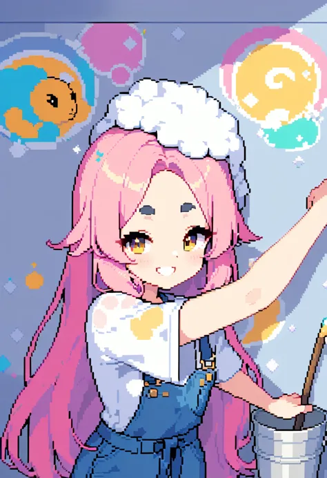 (((Highest quality, 8k, masterpiece: 1.3)), Beautiful pixel art, One Woman, Pink long hair, Fluffy hair, Thick eyebrows, White T-shirt, Blue Overalls, The left shoulder strap is hanging down, A pink bandana is wrapped around her head, smile, Painting on the wall, holding a brush in hand, holding a bucket of paint in his hand, Graphical art, Vivid colors, (Painting the walls), Red, blue and yellow sheep