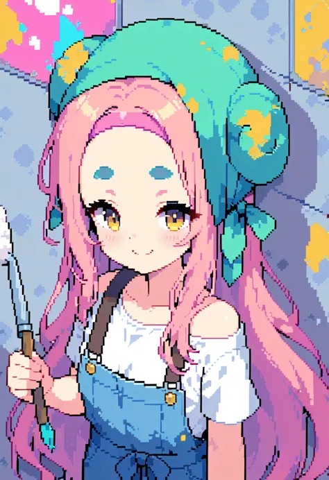 (((Highest quality, 8k, masterpiece: 1.3)), Beautiful pixel art, One Woman, Pink long hair, Fluffy hair, Thick eyebrows, White T-shirt, Blue Overalls, The left shoulder strap is hanging down, A pink bandana is wrapped around her head, smile, Painting on the wall, holding a brush in hand, holding a bucket of paint in his hand, Graphical art, Vivid colors, (Painting the walls), Red, blue and yellow sheep