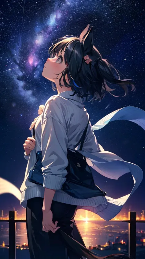 small girl,enlarge the background,starry sky,girl looking up,high resolution, masterpiece, highest quality, ultra high definitio...