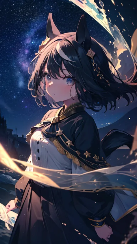 small girl,enlarge the background,starry sky,girl looking up,high resolution, masterpiece, highest quality, ultra high definitio...