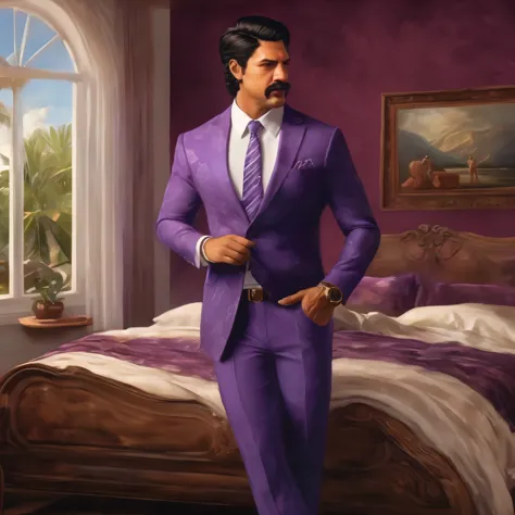 (obra maestra, mejor calidad:1.2), 1 chico, thenahualli, serious, dangerous man, elegant, elegante, (((purple shirt, suit pants,...