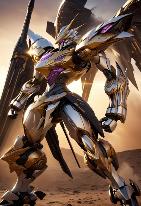 a highly detailed, stylized 3d cg concept art of a futuristic robot, with 3 stylish horns on its head, a long and sharp chin, shoulders with extended armor, dragon-like feet with sharp claws, and two large thrusters extending from its waist, the entire mech body is beautifully coated in a lustrous gold finish with clear purple diamond patterns across the panels, holding a massive, ( dynamic and stylish golden sword in both hands: 1.3), standing in a dramatic sunset landscape of a desolate wasteland with a sandstorm,(Dynamic poses:1.5 ), (best quality,4k,8k,highres,masterpiece:1.5),ultra-detailed,extremely fine details, high quality 3d rendering, dramatic lighting, cinematic framing, award-winning artwork, photorealistic, (realistic,photorealistic,photo-realistic:1.37), extremely realistic metallic sheen and texture on the armor, clear purple accents with a glowing effect, highly detailed and reflective claws and thrusters,beautiful and lustrous sword with a captivating presence, cowboy shot, cinematic, dramatic.ROBOTARTSTYLE
