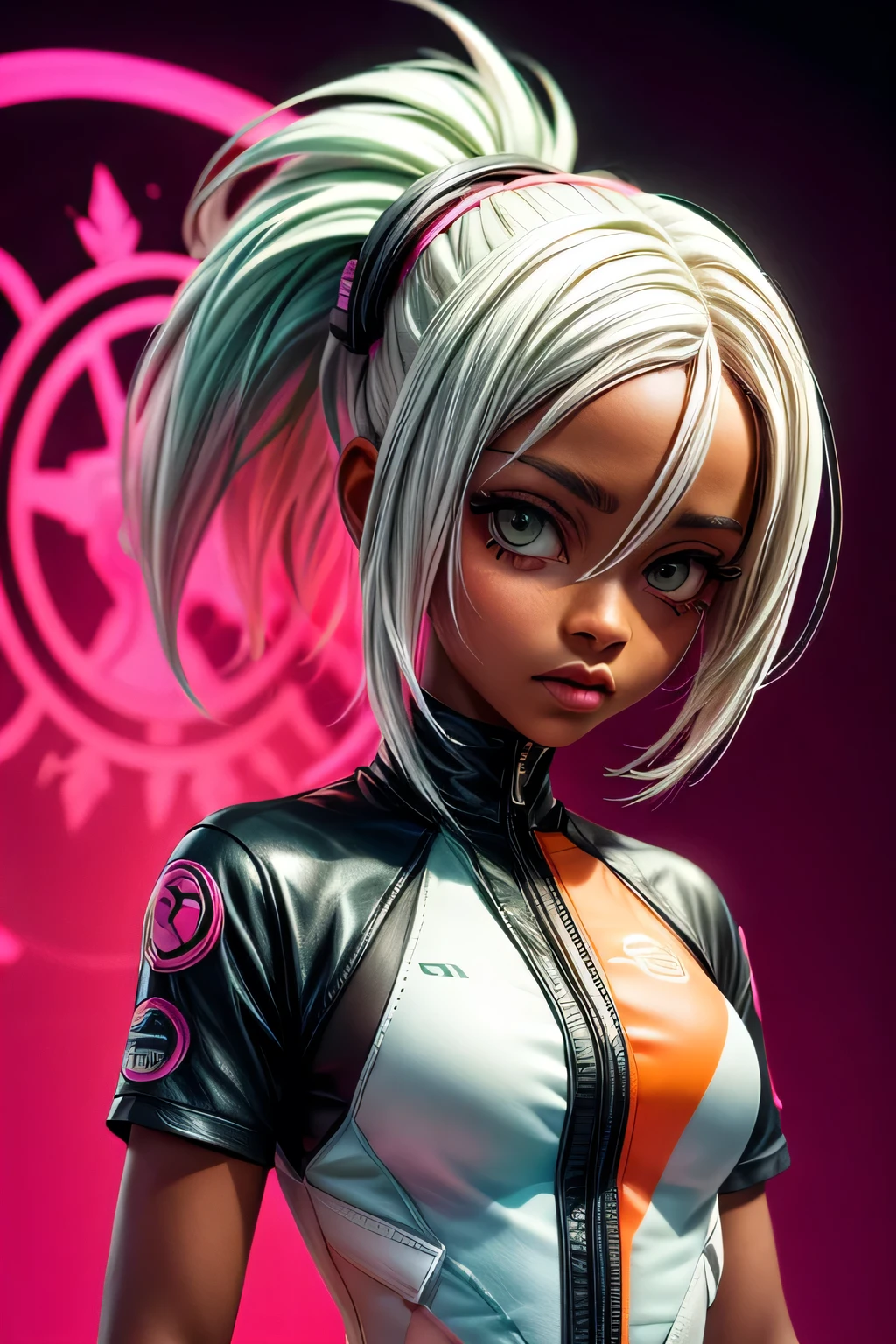 orange, pink, white, green, (white hair woman),tattoos, (techwear clothes:1.1),abstract lines and circles background, Dark skin, African origin, black girl. negroid