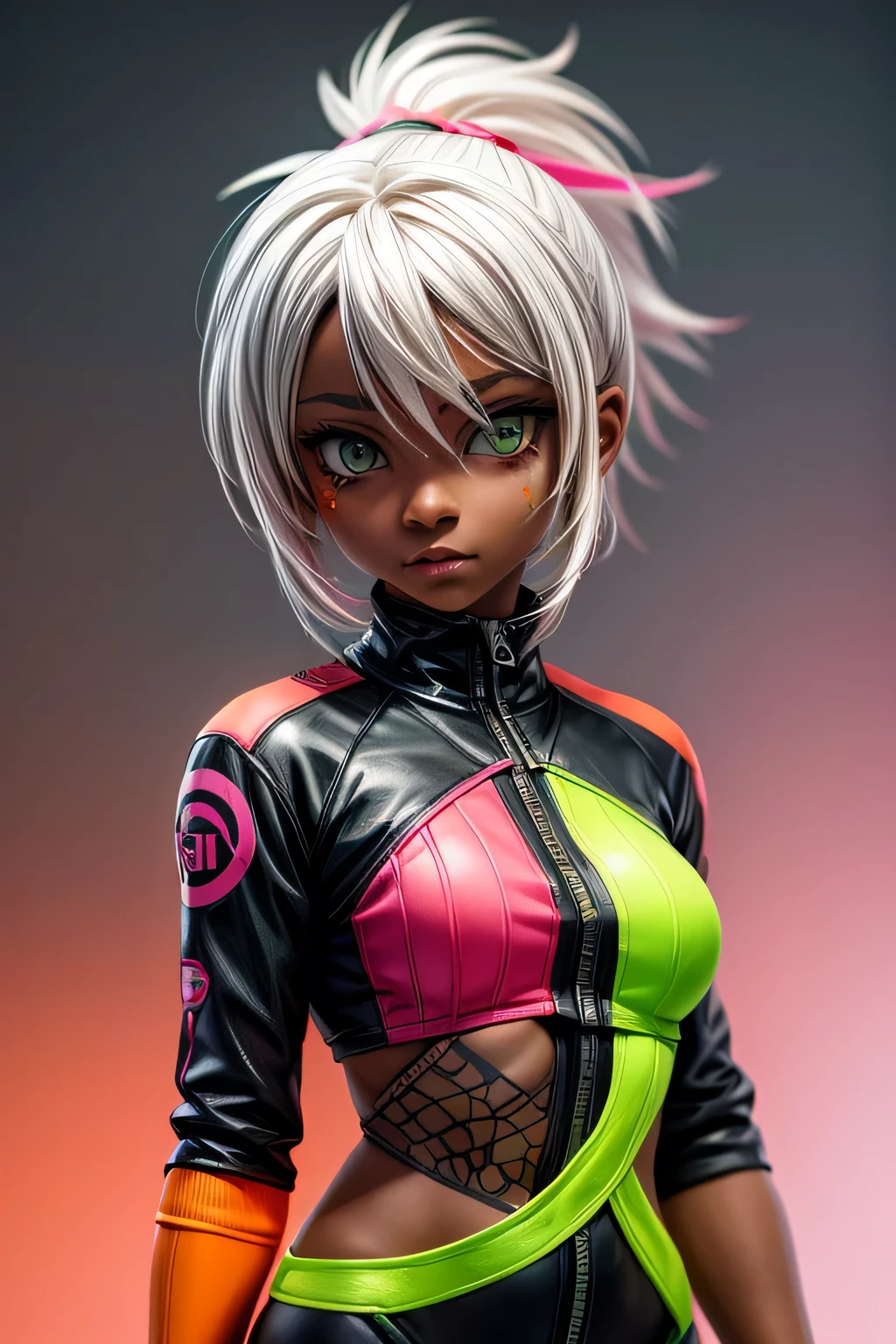 orange, pink, white, green, (white hair woman),tattoos, (techwear clothes:1.1),abstract lines and circles background, Dark skin, African origin, black girl. negroid