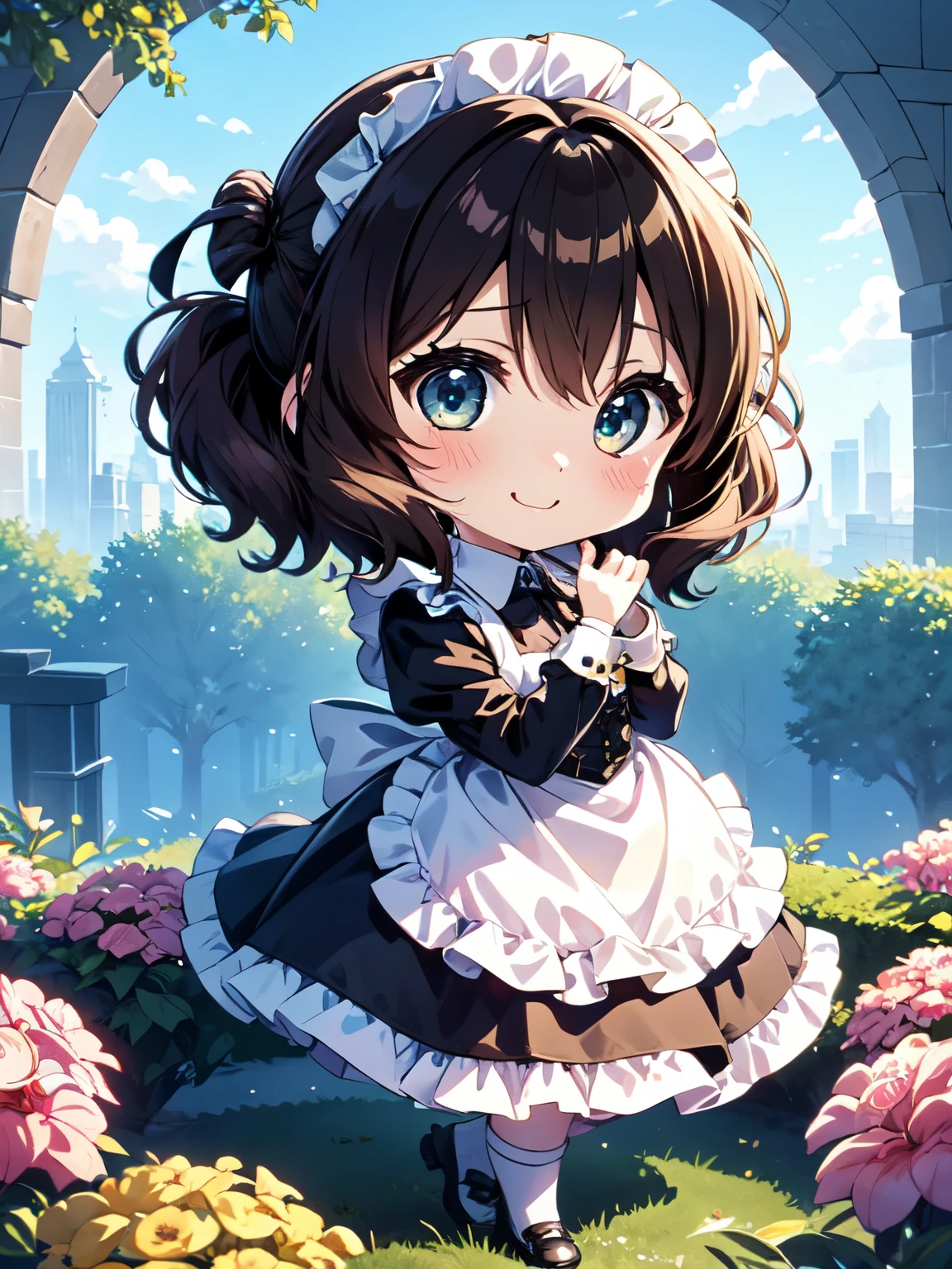 One Girl、(Moe:1.10)、solo、kumiko oumae、Cute white and blue maid outfit、((Chibi Character:1.4))、、Beautifully colored eyes　Cute Smile、fluffy、fluffy、With a girl、Ezvian Everywhere、Victorian maid clothes、Absolute reference to the center、Gothic Clothing、8Ｋimage、Mini Characters、Highest quality