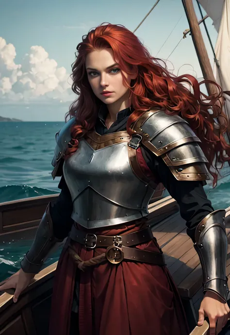 a viking warrior, long wavy red hair, greeneyes, fine lips, round face, wearing viking armor, muscular girl, sensual and imposin...