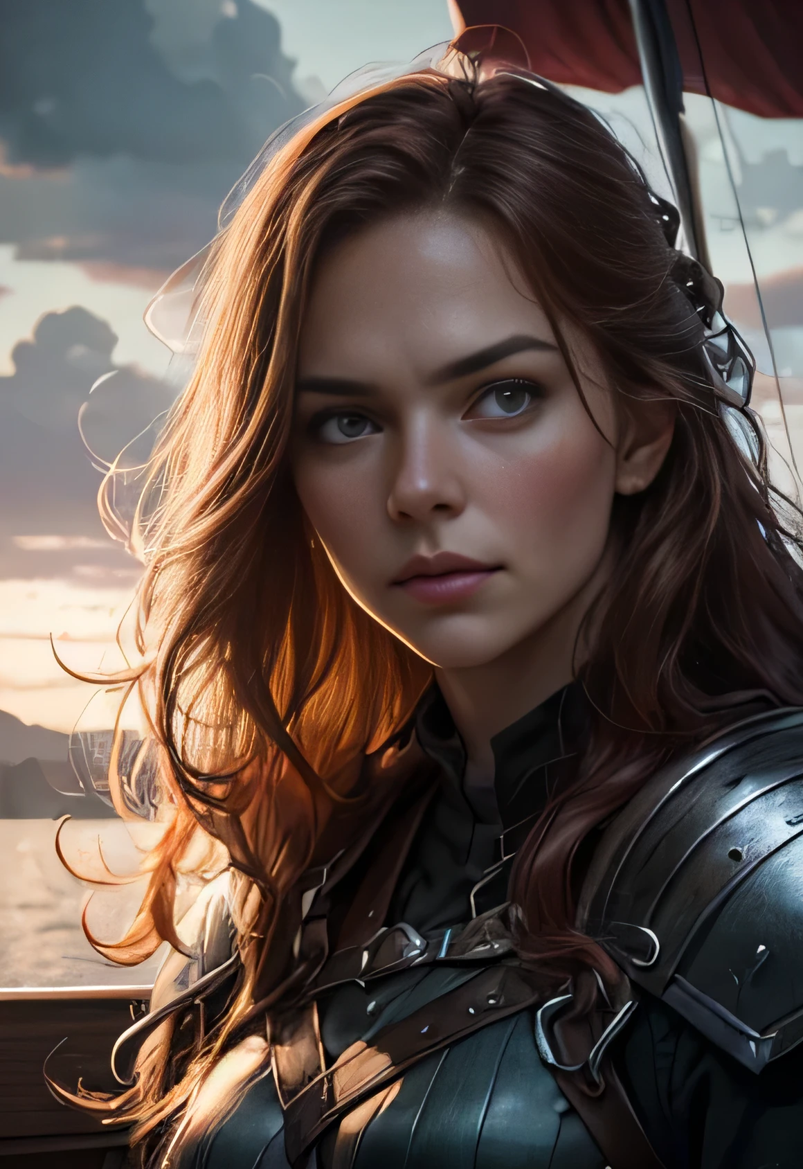 A viking warrior, long wavy red hair, greeneyes, fine lips, Round face, muscular and strong, sensual and imposing, viking woman on viking ship, posing arrogantly on the bow of the boat, (best qualityer,4K,8k,high resolution,work of art:1.2),ultra detali,(realisitic,photorealisitic,photo-realisitic:1.37),portraits,HDR,ultra HD,studio lighting,ultra-fine painting,sharp focus,Physically based rendering,extreme detailed description,proffesional,bright coloured,bokeh