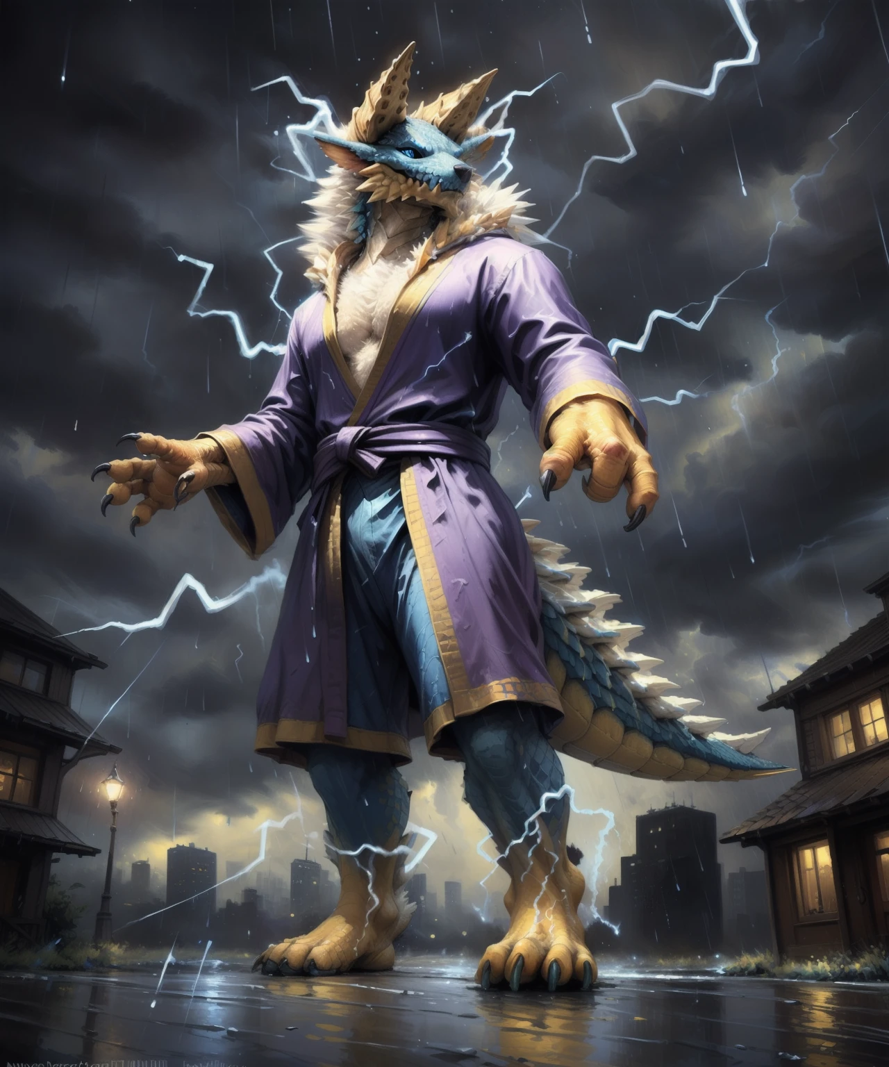 anthro,(zinogre:1.2),tail,((full body,blue eyes, blue body, white furry, yellow hand, yellow feet, blue face,4TOES,TAILS )),((horns)),((smooth skin)),DETAILED BACKGROUND, storm, (((electricity, rain))),
((PURPLE ROBE,)),magician, muscular male, scales, 
full body,
(by null-ghost,by raccoon21,by kenket, masterpiece, high quality, Unreal Engine,realistic, ), macro in city, low angle