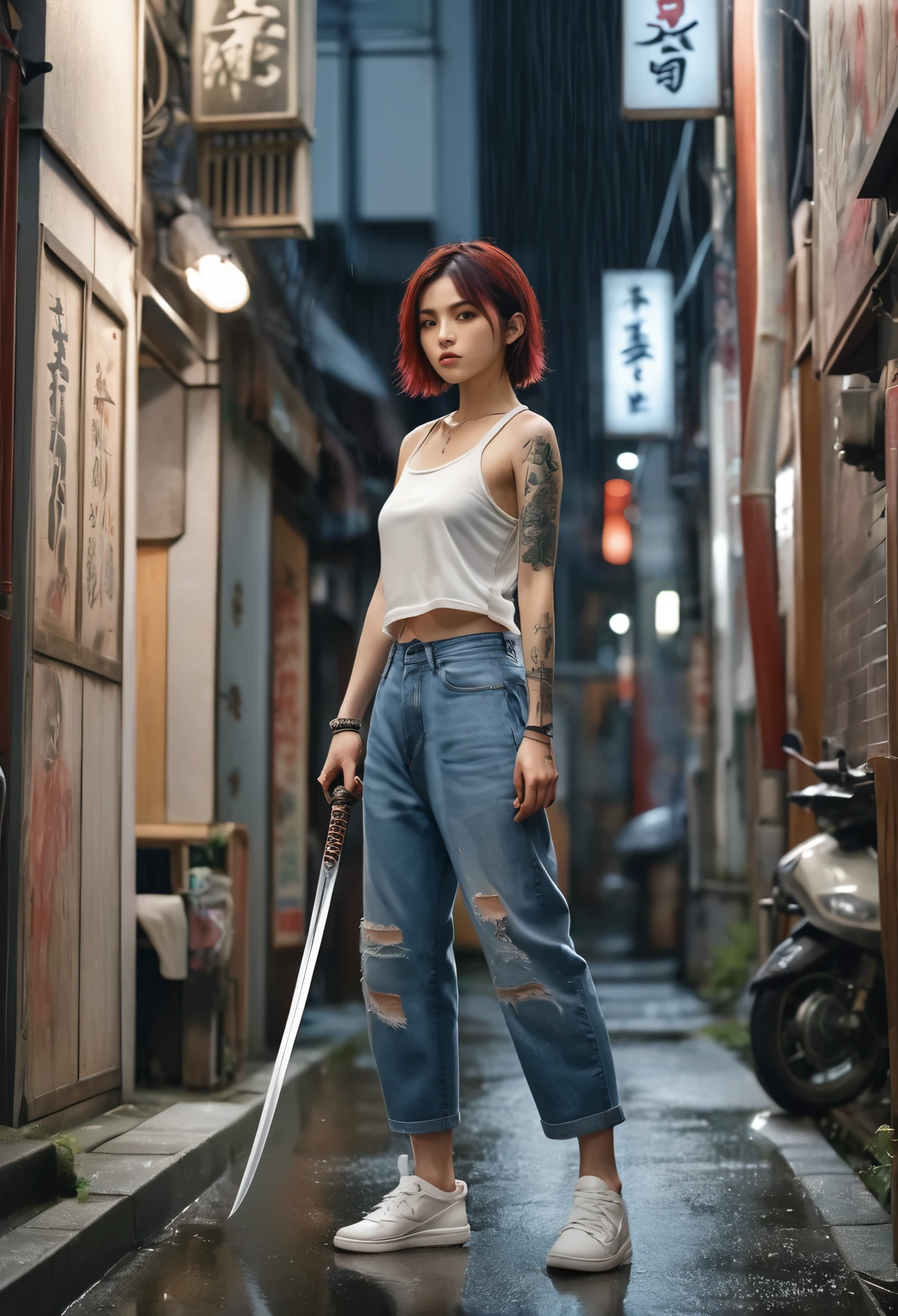 ８ｋ,Realistic Skin Texture、Superrealism、Realistic Photo、Japanese women、、Standing with a Japan sword、draw oneself up to one's full height.、The tip of the sword is pointed towards me、Tank top,Oversized jeans、sneakers、Shinjuku Back Alley、Innovative composition、Full body photo、、A wistful look、Tattoo、rain