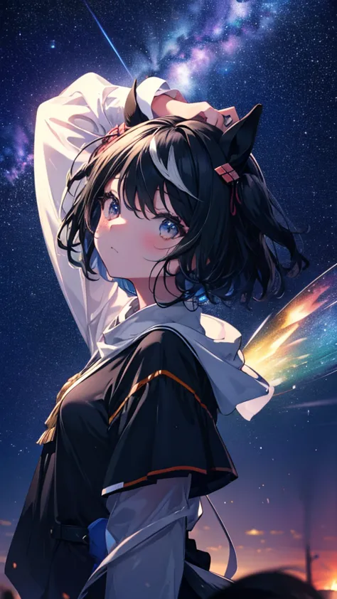 small girl,enlarge the background,starry sky,girl looking up,high resolution, masterpiece, highest quality, ultra high definitio...