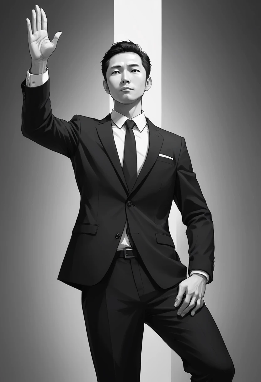 male、suit、Businessman、Black and White、Stretch your fingers、Stretch your arms、Low - Angle、High contrast