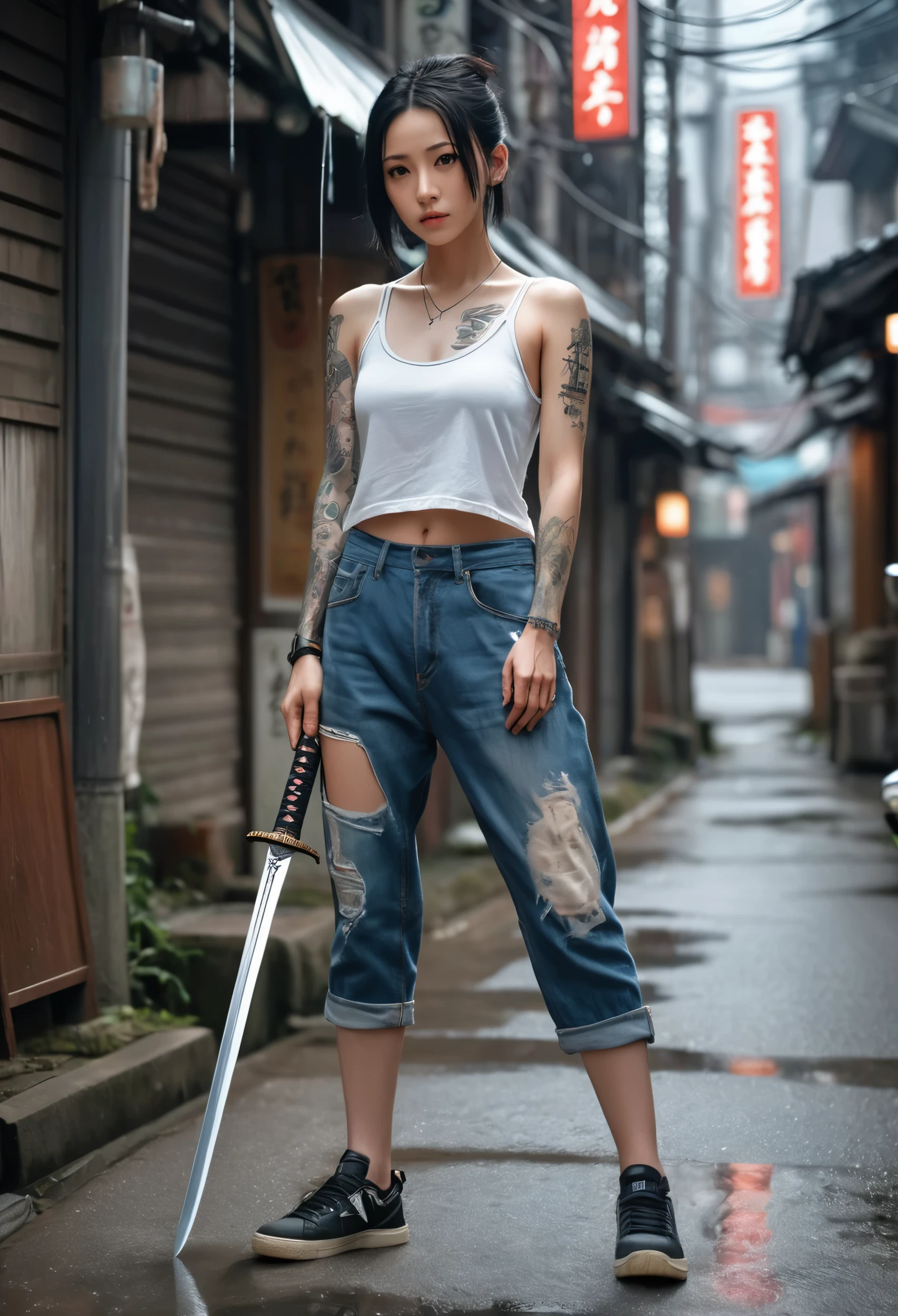 ８ｋ,Realistic Skin Texture、Superrealism、Realistic Photo、Japanese women、、Standing with a big Japan sword、draw oneself up to one's full height.、The tip of the sword is pointed towards me、Tank top,Oversized jeans、sneakers、Shinjuku Back Alley、Innovative composition、Full body photo、、A wistful look、Tattoo、rain