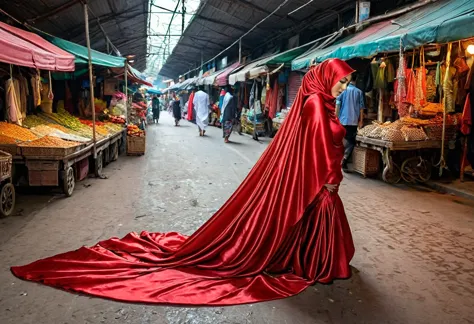 a woman shrouded in a 9-meter-long, plush red satin cloth, tightly bound and grandly draping along the form of her body, flowing...