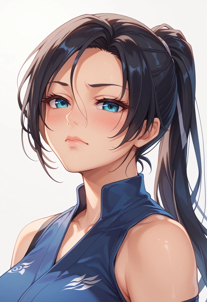 Highest quality, masterpiece, HD quality, 8k, Intricate details, Super detailed, Anime Style, (Erotically), woman, (Ninja), Kunoichi, Ninja装束, Mature female, Long black hair, ponytail, Perfect details and blue eyes, Feels good, Expressions of enduring orgasm, Frown, Close your eyes, Blushing