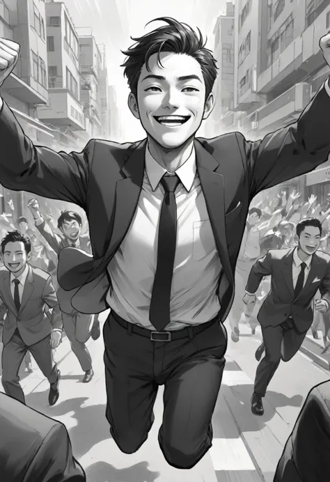 male、suit、businessman、black and white、manga style、high angle、highlight on eyes、running towards here、smile、profile、swing your arm...