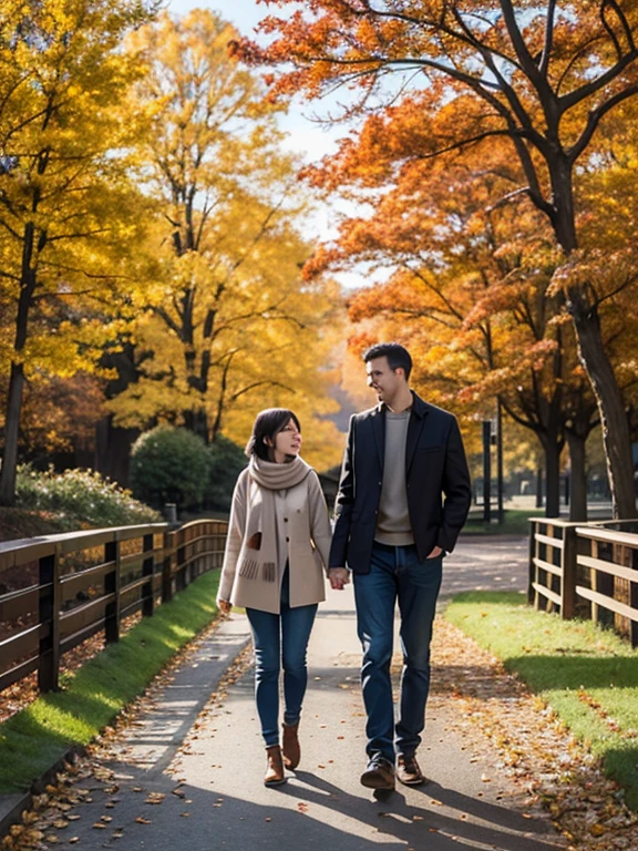 A serene autumn scene in a beautiful park or forest, where the ground is covered in a rich tapestry of red, orange, and gold leaves. The trees, ablaze with the colors of fall, form a natural canopy overhead, with sunlight filtering through the leaves, casting a warm, golden glow on everything below. In the center of the scene, a couple—one man and one woman—are walking hand in hand along a leaf-strewn path.

The man is dressed in a cozy sweater and jeans, while the woman wears a stylish autumn coat and a scarf. Their expressions are content and peaceful as they share this quiet moment together, enjoying the beauty of the season. The woman leans slightly towards the man, and they exchange a soft smile as they walk, their footsteps rustling gently in the fallen leaves. The background features more vibrant trees, a gentle slope leading to a distant view of a tranquil lake or a small bridge, enhancing the romantic and serene atmosphere.

The overall mood is one of warmth, love, and the simple joy of being together, surrounded by the breathtaking beauty of nature in its autumn glory.