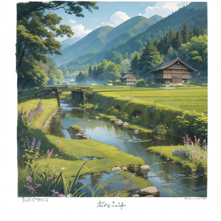 A serene Japanese countryside landscape, watercolor style. In the foreground, a traditional thatched-roof Japanese house stands amidst sprawling rice fields. A small stream meanders through the scene, crossed by a quaint wooden bridge. The background reveals an endless expanse of rural scenery, with distant mountains and a soft sky. The painting should have a gentle, misty quality typical of watercolor, with soft edges and blended colors. Include subtle details like wildflowers along the stream's banks and perhaps a lone figure tending to the fields. Use a palette of greens, blues, and earthy tones to capture the essence of the rural Japanese countryside.