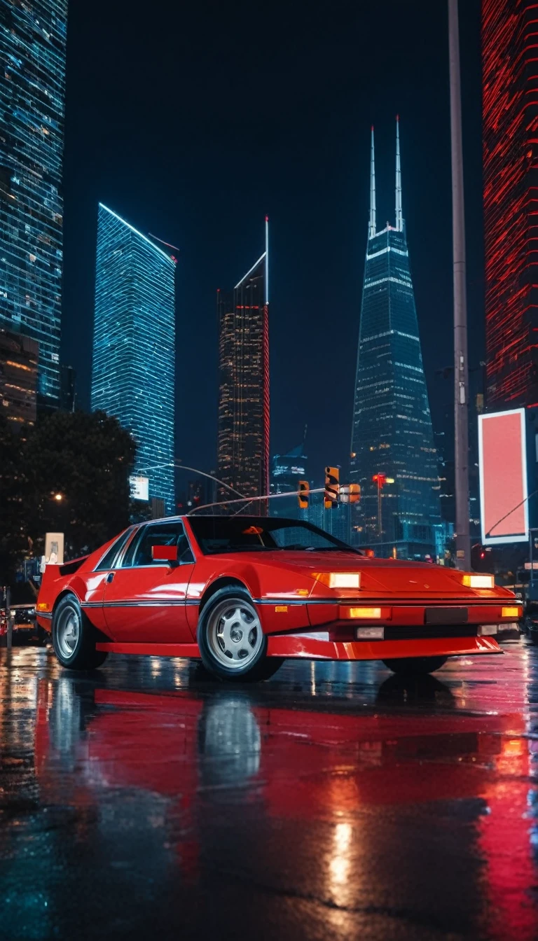 1980s athmosphere. Create a high-quality image of a 1980s sports car, featuring sharp angles and a low, aerodynamic profile. The red car is driving on a night city street at night, with billboards and towering skyscrapers in the background. The scene is energetic and dynamic, capturing the mood and modernity of the era."