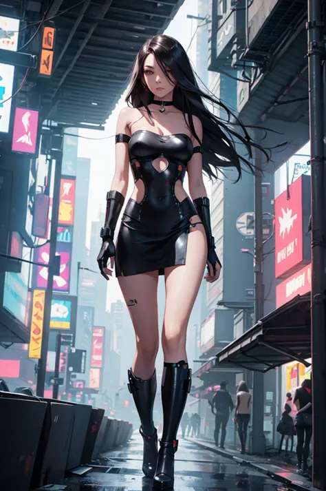 robot girl, expressiveless, long hair, hourglass body, android-seams, cyberpunk, short skirt, strapless cutout top, choker