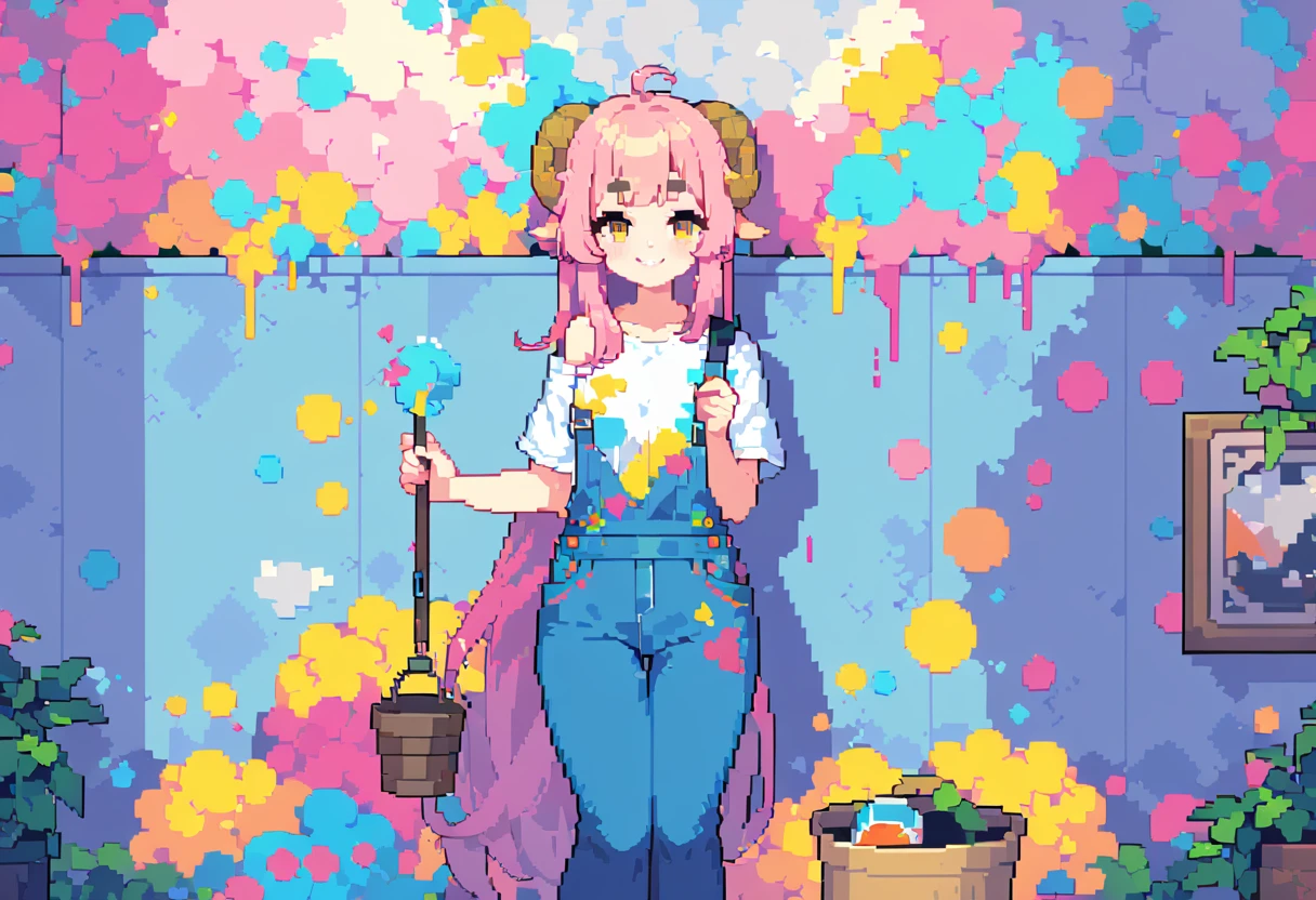 (((Highest quality, 8k, masterpiece: 1.3)), Beautiful pixel art, ((One Woman)), Pink long hair, Fluffy hair, Thick eyebrows, White T-shirt, Blue Overalls, The left shoulder strap is hanging down, smile, Painting on the wall, holding a brush in hand, holding a bucket of paint in his hand, Graphical art, (Vivid colors), (Painting the walls), A sheep painted red, blue and yellow