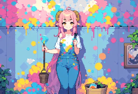 (((highest quality, 8k, masterpiece: 1.3)), beautiful pixel art, ((one woman)), pink long hair, fluffy hair, thick eyebrows, whi...