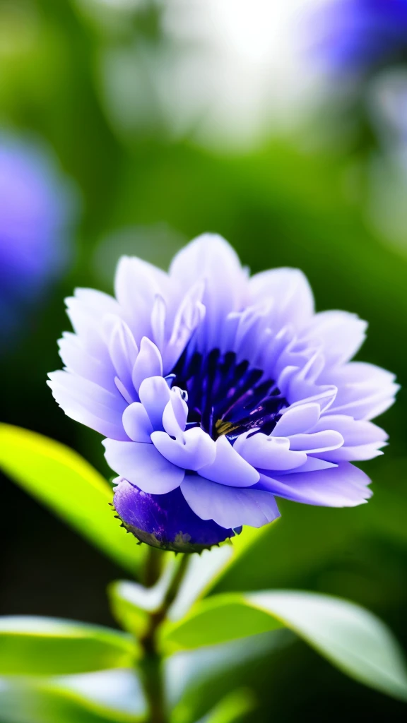 delicate blue fluffy flowers, reddish-pink buds, green leaves, thin branches, soft natural lighting, shallow depth of field, blurred blue and purple background, focus on flowers, tranquil and fresh atmosphere