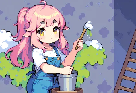 (((Highest quality, 8k, masterpiece: 1.3)), Beautiful pixel art, ((One Woman)), Pink long hair, Fluffy hair, Thick eyebrows, White T-shirt, Blue Overalls, The left shoulder strap is hanging down, smile, Painting on the wall, Sheep painting on the wall, holding a brush in hand, holding a bucket of paint in his hand, Graphical art, (Vivid colors), (Painting the walls), A sheep painted red, blue and yellow