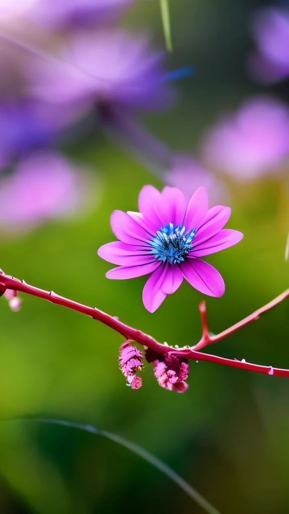 delicate blue fluffy flowers, reddish-pink buds, green leaves, thin branches, soft natural lighting, shallow depth of field, blurred blue and purple background, focus on flowers, tranquil and fresh atmosphere