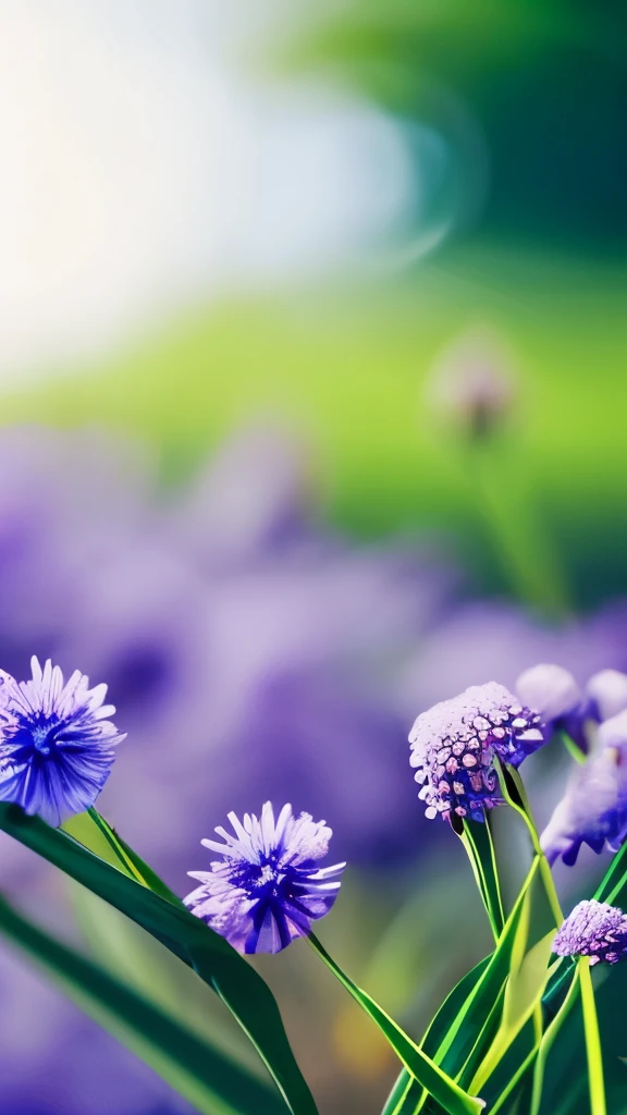 delicate blue fluffy flowers, reddish-pink buds, green leaves, thin branches, soft natural lighting, shallow depth of field, blurred blue and purple background, focus on flowers, tranquil and fresh atmosphere