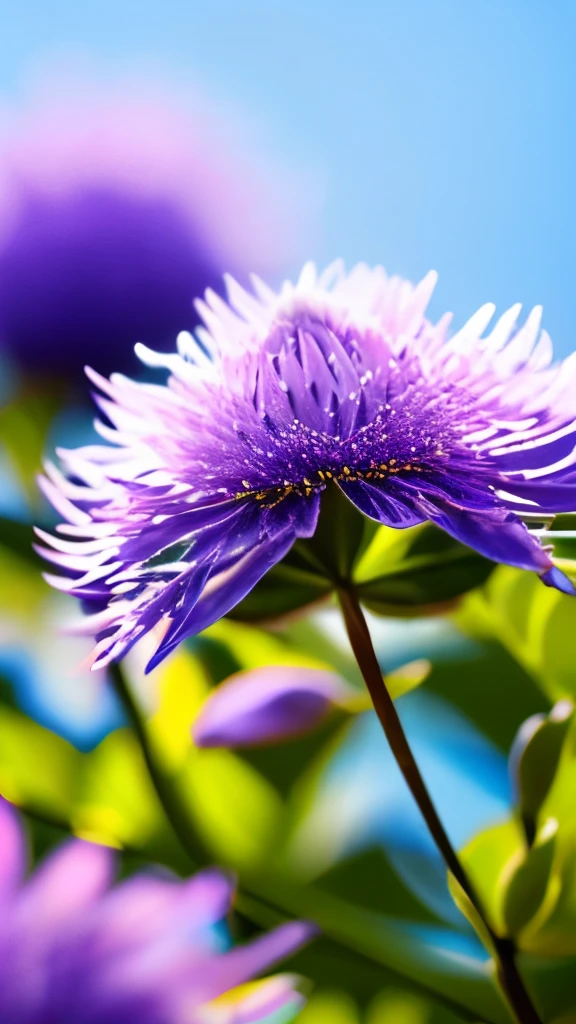 delicate blue fluffy flowers, reddish-pink buds, green leaves, thin branches, soft natural lighting, shallow depth of field, blurred blue and purple background, focus on flowers, tranquil and fresh atmosphere