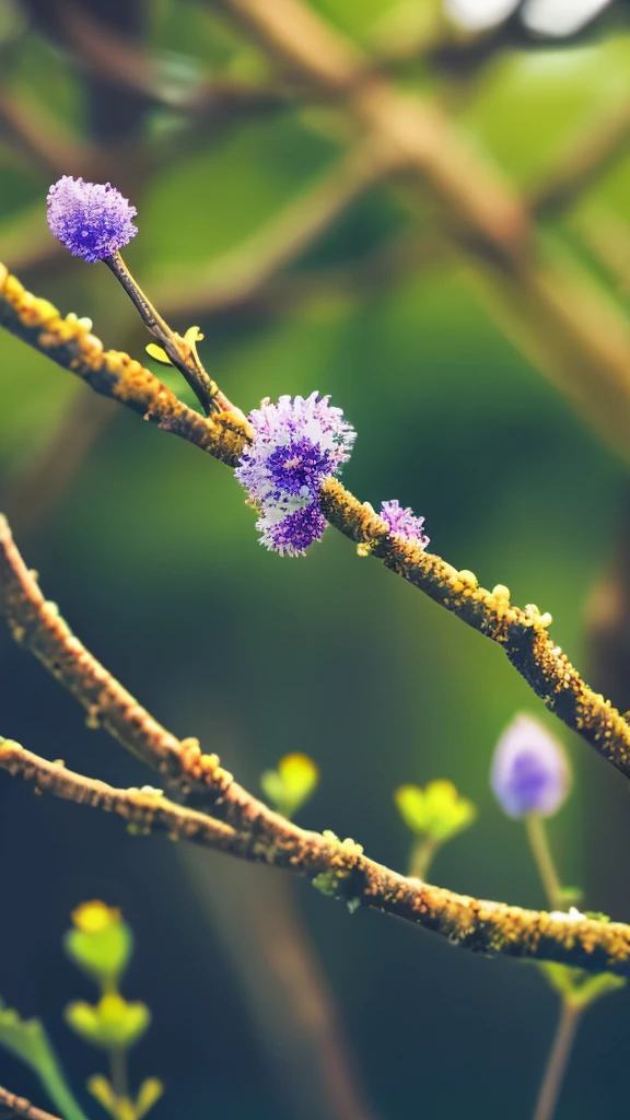 delicate blue fluffy flowers, reddish-pink buds, green leaves, thin branches, soft natural lighting, shallow depth of field, blurred blue and purple background, focus on flowers, tranquil and fresh atmosphere