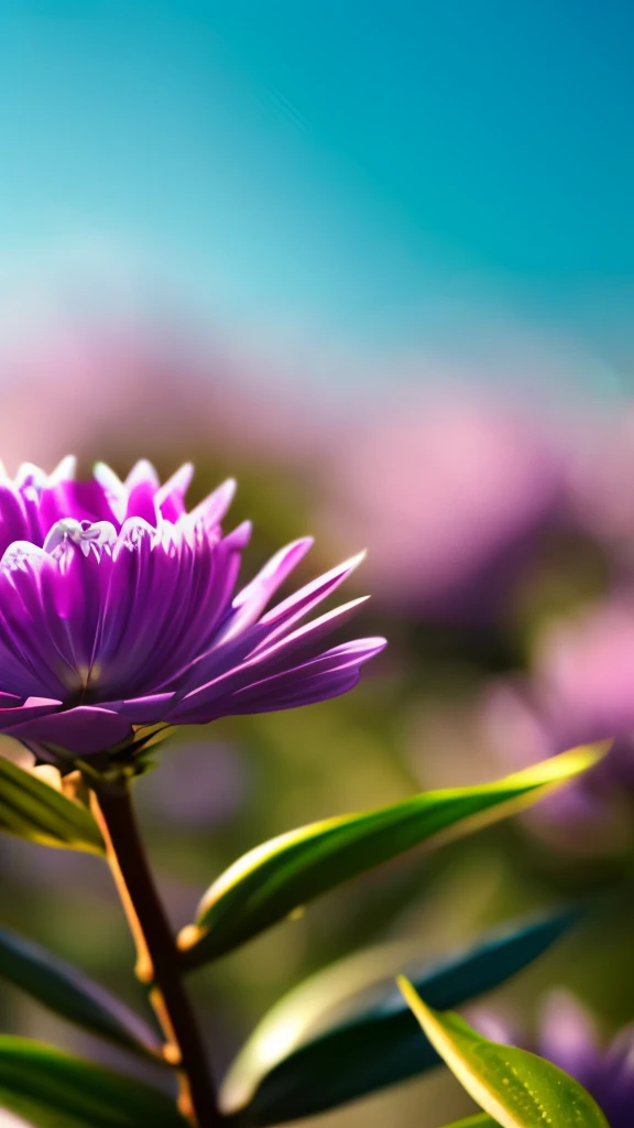 delicate blue fluffy flowers, reddish-pink buds, green leaves, thin branches, soft natural lighting, shallow depth of field, blurred blue and purple background, focus on flowers, tranquil and fresh atmosphere