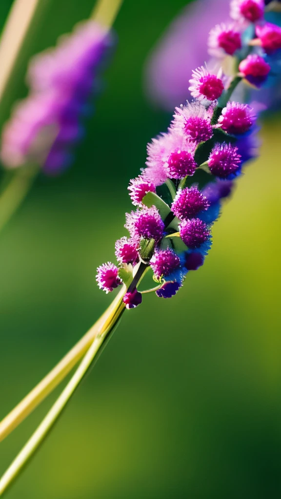 delicate blue fluffy flowers, reddish-pink buds, green leaves, thin branches, soft natural lighting, shallow depth of field, blurred blue and purple background, focus on flowers, tranquil and fresh atmosphere