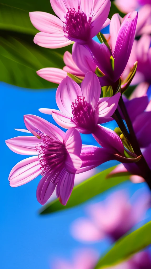 delicate blue fluffy flowers, reddish-pink buds, green leaves, thin branches, soft natural lighting, shallow depth of field, blurred blue and purple background, focus on flowers, tranquil and fresh atmosphere