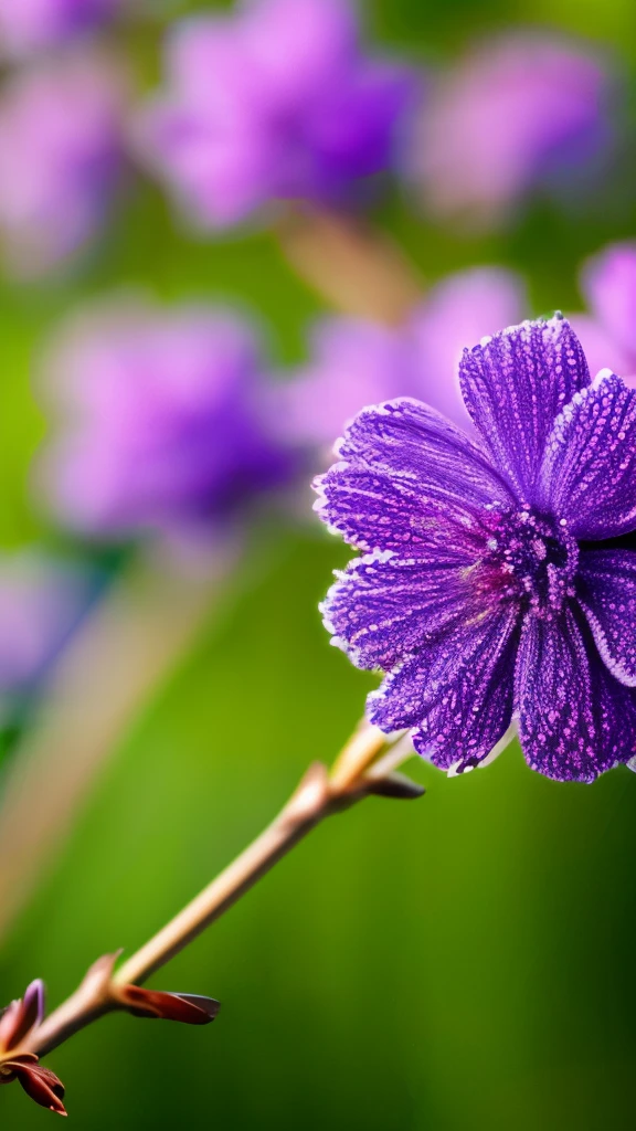 delicate blue fluffy flowers, reddish-pink buds, green leaves, thin branches, soft natural lighting, shallow depth of field, blurred blue and purple background, focus on flowers, tranquil and fresh atmosphere