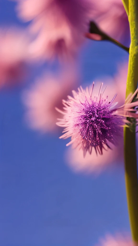 delicate blue fluffy flowers, reddish-pink buds, green leaves, thin branches, soft natural lighting, shallow depth of field, blurred blue and purple background, focus on flowers, tranquil and fresh atmosphere