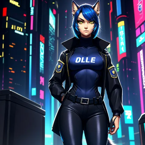 (female) furry white nine-tail wolf (animal similar to human) (police cyber) (full furry) (blue hair)(yellow eye) (black cyberpu...