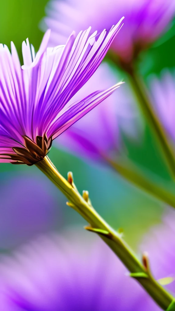 delicate blue fluffy flowers, reddish-pink buds, green leaves, thin branches, soft natural lighting, shallow depth of field, blurred blue and purple background, focus on flowers, tranquil and fresh atmosphere