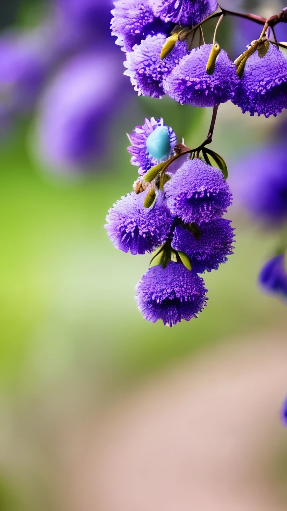 delicate blue fluffy flowers, reddish-pink buds, green leaves, thin branches, soft natural lighting, shallow depth of field, blurred blue and purple background, focus on flowers, tranquil and fresh atmosphere