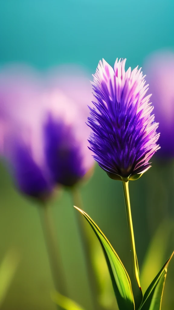 delicate blue fluffy flowers, reddish-pink buds, green leaves, thin branches, soft natural lighting, shallow depth of field, blurred blue and purple background, focus on flowers, tranquil and fresh atmosphere