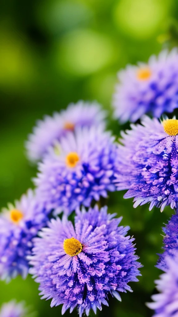 delicate blue fluffy flowers, reddish-pink buds, green leaves, thin branches, soft natural lighting, shallow depth of field, blurred blue and purple background, focus on flowers, tranquil and fresh atmosphere