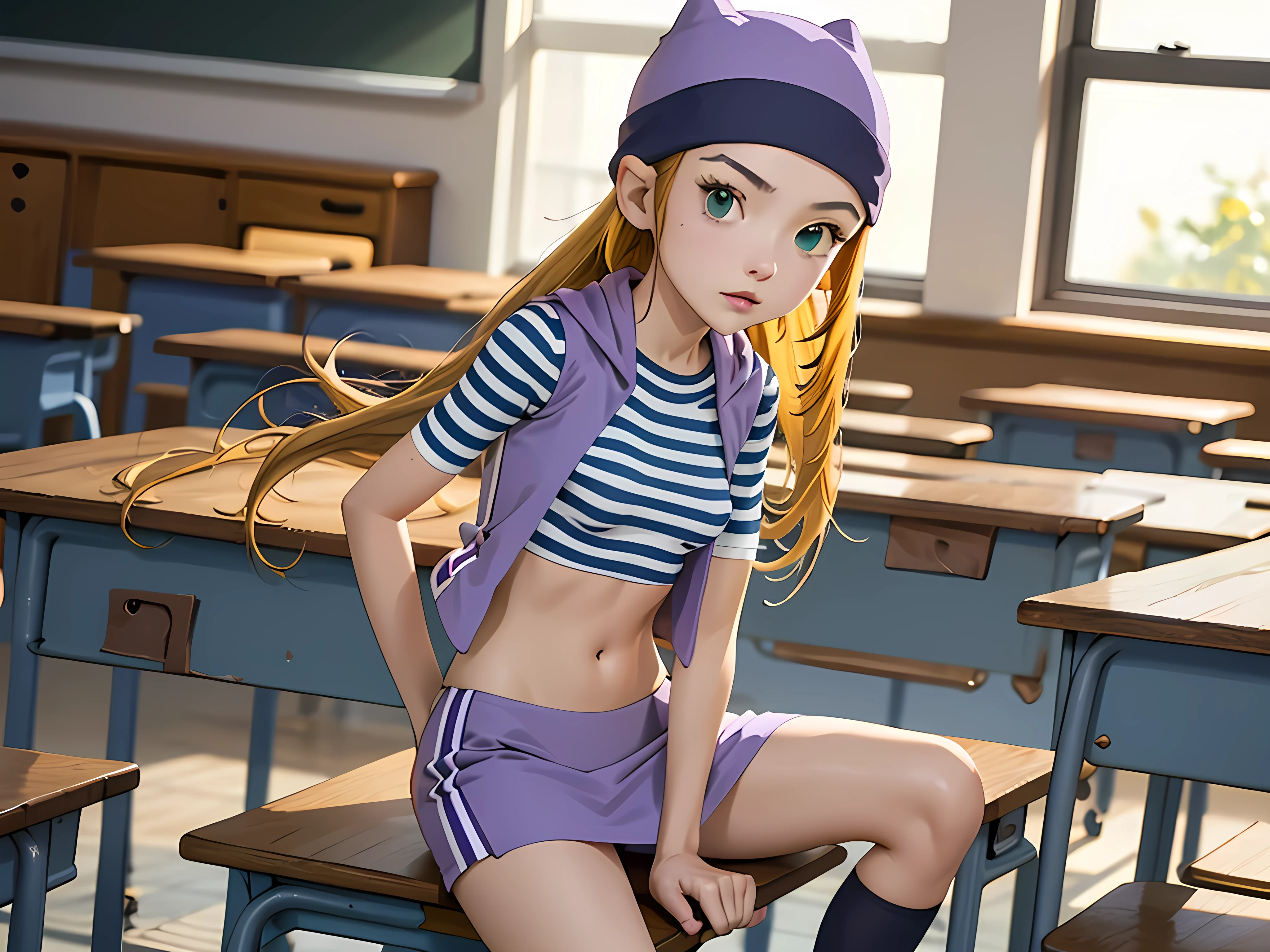 (masterpiece, best quality), 1girl, izumi Orimoto, indoors, classroom, green eyes, blonde hair, long hair, purple beanie, purple vest, purple miniskirt, blue white striped shirt, long purple socks, purple vest, striped shirt, navel shirt, small  size breast. ponytail