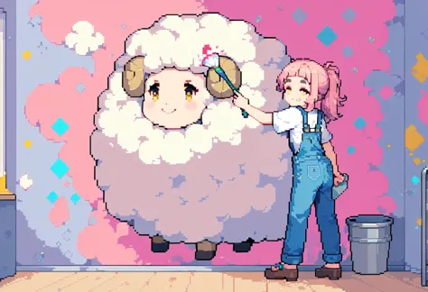 (((Highest quality, 8k, masterpiece: 1.3)), Beautiful pixel art, ((One Woman)), Pink long hair, Fluffy hair, Thick eyebrows, White T-shirt, Blue Overalls, The left shoulder strap of the overalls is hanging down, smile, Pink paint on cheeks, Painting on the wall, Sheep painting on the wall, holding a brush in hand, holding a bucket of paint in his hand, Graphical art, (Vivid colors), (Painting the walls), A sheep painted red, blue and yellow