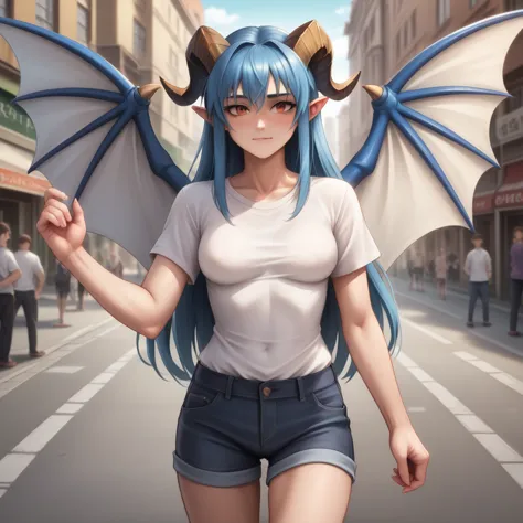 anime girl with blue hair and horns on a street, 3d realistic anime, 2. 5 d cgi anime fantasy artwork, anime style 3d, anime sty...