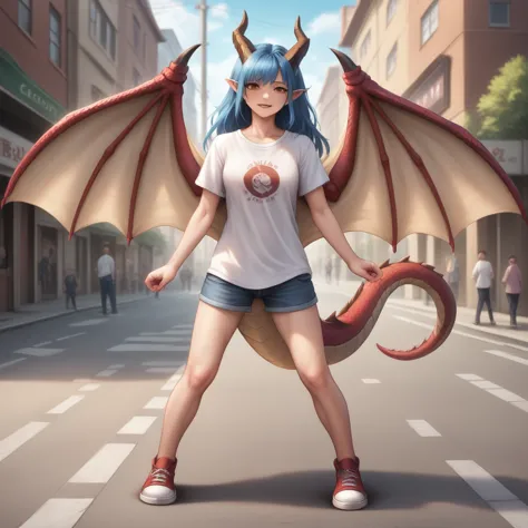 anime girl with blue hair and horns on a street, 3d realistic anime, 2. 5 d cgi anime fantasy artwork, anime style 3d, anime sty...