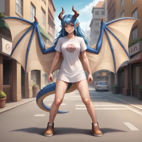 anime girl with blue hair and horns on a street, 3d realistic anime, 2. 5 d cgi anime fantasy artwork, anime style 3d, anime sty...