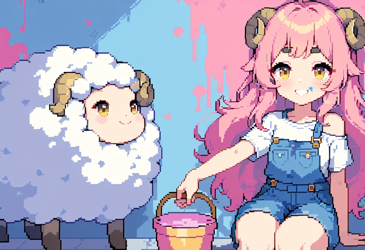 (((Highest quality, 8k, masterpiece: 1.3)), Beautiful pixel art, ((One Woman)), Pink long hair, Fluffy hair, Thick eyebrows, White T-shirt, Blue Overalls, The left shoulder strap of the overalls is hanging down, smile, Pink paint on cheeks, Painting on the wall, Sheep painting on the wall, holding a brush in hand, Paint bucket, Graphical art, (Vivid colors), (Painting the walls), A sheep painted red, blue and yellow