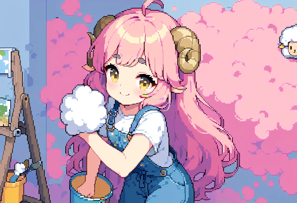 (((Highest quality, 8k, masterpiece: 1.3)), Beautiful pixel art, ((One Woman)), Pink long hair, Fluffy hair, Thick eyebrows, White T-shirt, Blue Overalls, The left shoulder strap of the overalls is hanging down, smile, Pink paint on cheeks, Painting on the wall, Sheep painting on the wall, holding a brush in hand, Paint bucket, Graphical art, (Vivid colors), (Painting the walls), A sheep painted red, blue and yellow